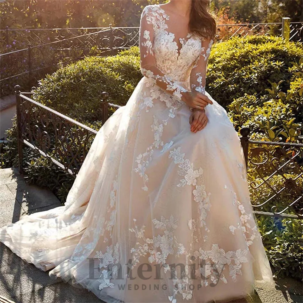 Enternity Fashionable A-line Wedding Gown For Bride Full Sleeves Court Train O-neck Lace Appliques vestidos de novia Customized 3