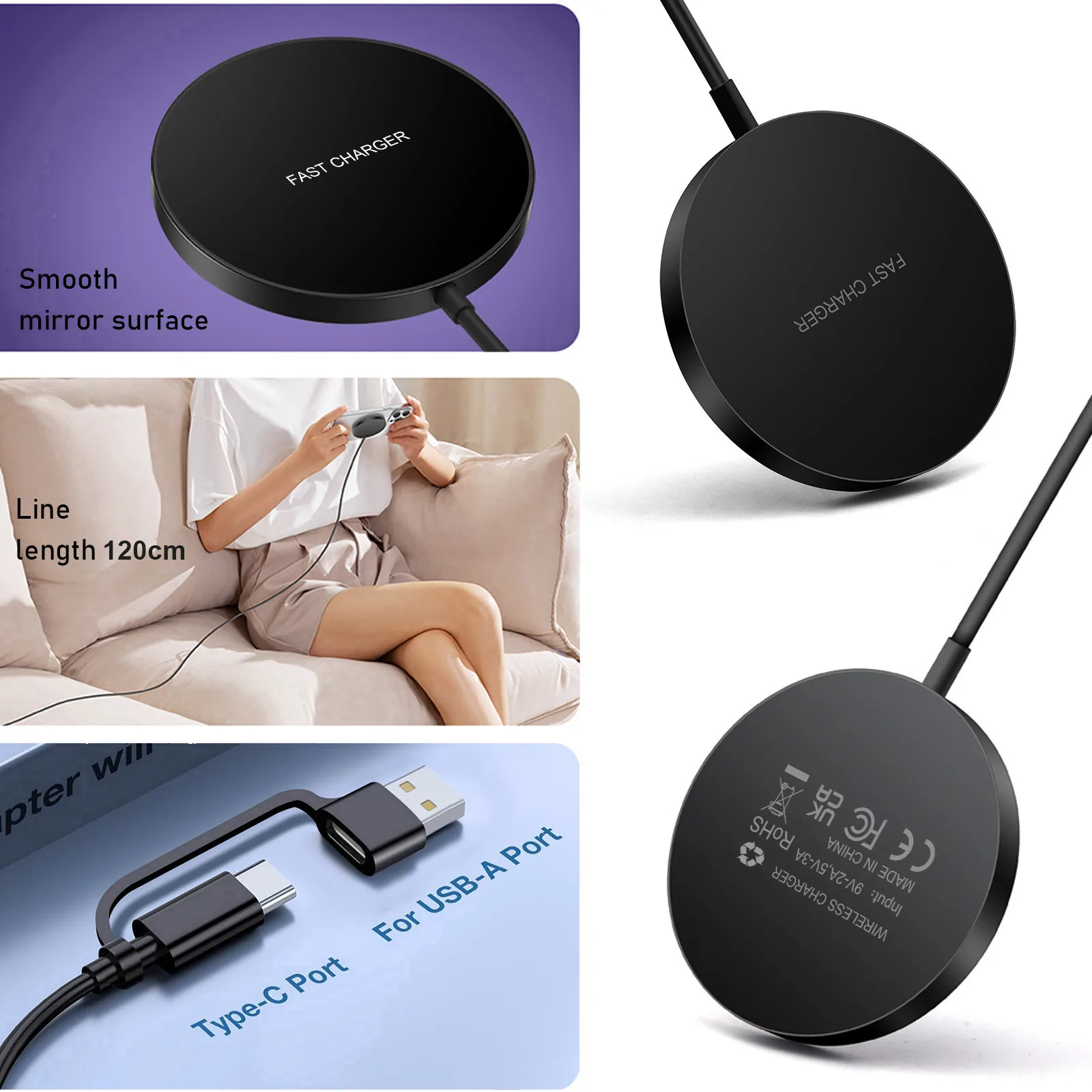 마그네틱 고속 무선 충전기 충전 장치, 아이폰 15 14 13 12 11 프로 맥스 미니 USB C 8 플러스 XR 맥스 에어팟 프로 2 3, 15W