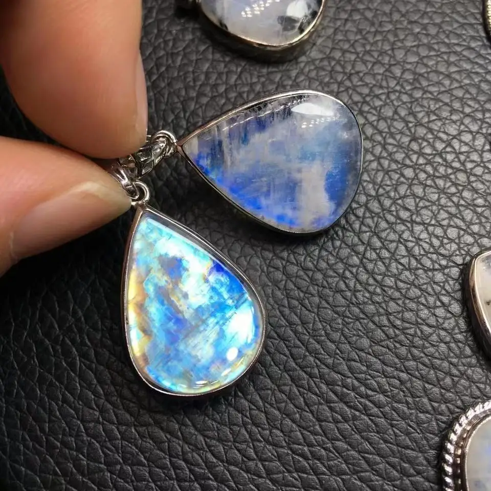 Unit One Piece Natural blue moonstone sliver 925 pendant rainbow moonstone with black spot pendant for gift 5