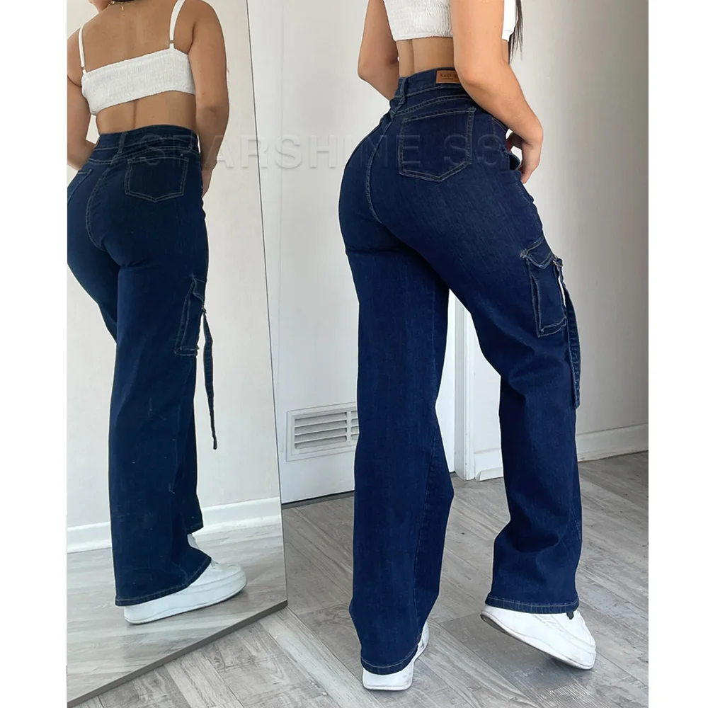 2024 Women's Jeans High Waist Slimming High Street Trousers Loose Straight Pocket Design Denim Pants Streetwear 3