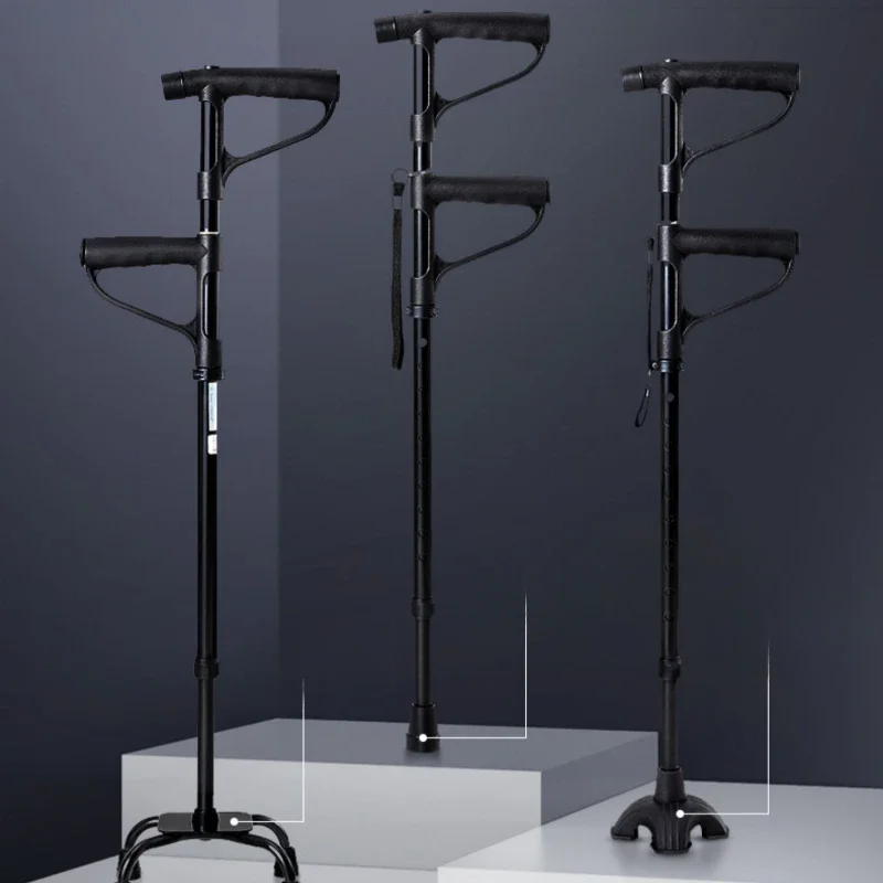 Elderly Walking Cane, Four-Legged Adjustable Stick, Anti-Slip Base with LED Light, Portable Walking Aid for Seniors