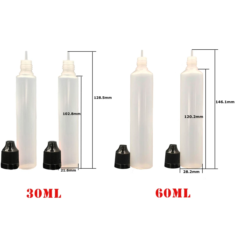 플라스틱 점 적기 병 30- 60ml, 액체 잉크 액체 과일 주스 어플리케이터, 어린이 보호 캡이 있는 짤 수 있는 병, 얇은 팁, 10 개