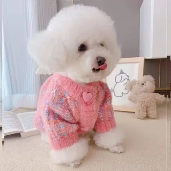 엘크 패션 가을 겨울 스웨터 가디건 애완견 의류, 하트 따뜻한 개 의류, 고양이 작고 두꺼운 귀여운 핑크 소녀 치와와