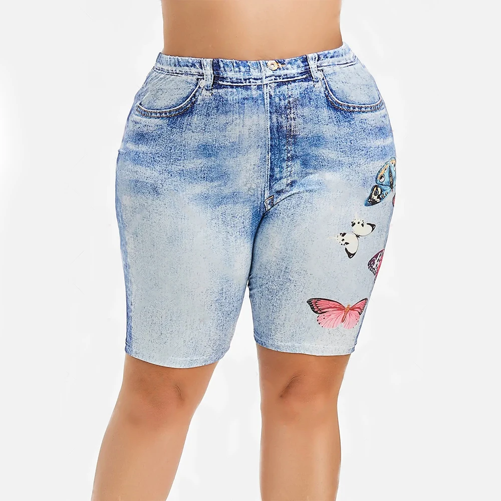 

Women Fashion Casual Plus Size Skinny Denim Leggings Butterfly Print Shorts Leggings Capri Shorts