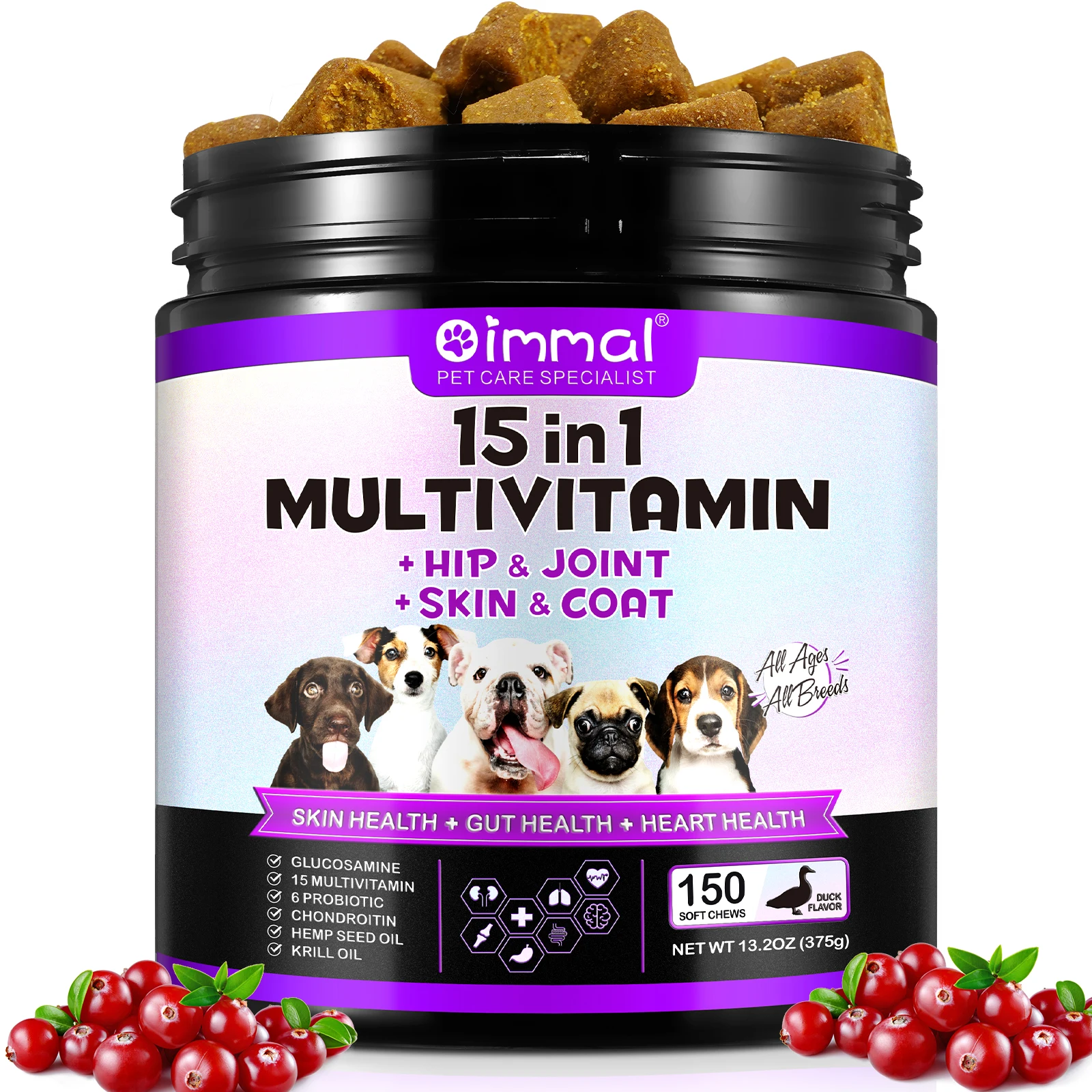 

15 in 1 Dog Multivitamin Supplements dog food treats snacks, Immunity, Digestion, Joint and Heart Health Support 150 SOFT CHEWS