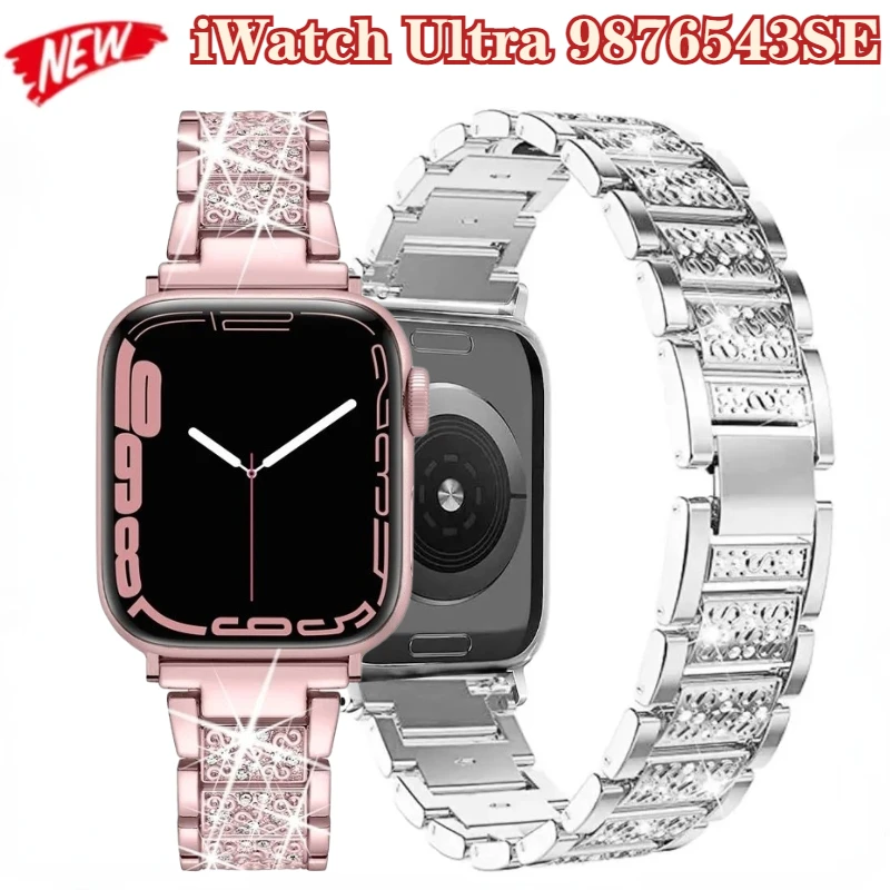 

Ремешок металлический для Apple Watch Band Ultra 9 8 7 45 мм 41 мм, женский браслет со стразами для IWatch 6 5 4 3 44 мм 42 мм 40 мм 38 мм