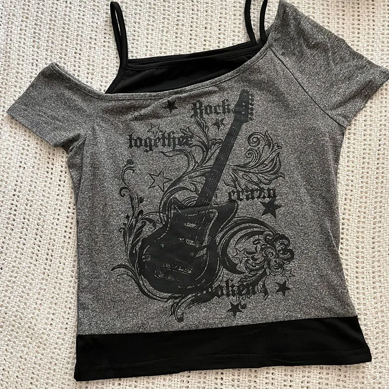 Y2k Slim Fit Print Tops Women Off Shoulder Short Sleeve Tee Shirt Neploe American Vintage Fake Two Piece Halter Lace Up T-shirts 2