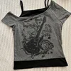 Y2k Slim Fit Print Tops Women Off Shoulder Short Sleeve Tee Shirt Neploe American Vintage Fake Two Piece Halter Lace Up T-shirts 2
