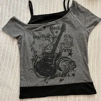Y2k Slim Fit Print Tops Women Off Shoulder Short Sleeve Tee Shirt Neploe American Vintage Fake Two Piece Halter Lace Up T-shirts 2