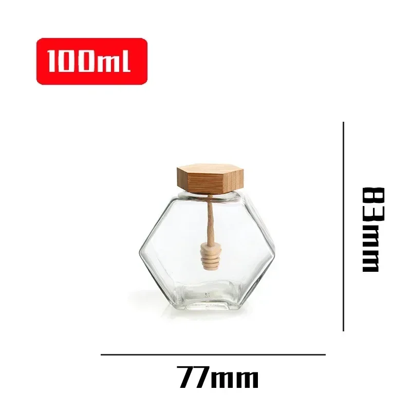 100ml/380ml Bamboo Wood Cover Hexagonal Glass Jar with  Stirring Dipper Hexagon Honey Container 100ml Iron Cap Storage Bottle 5