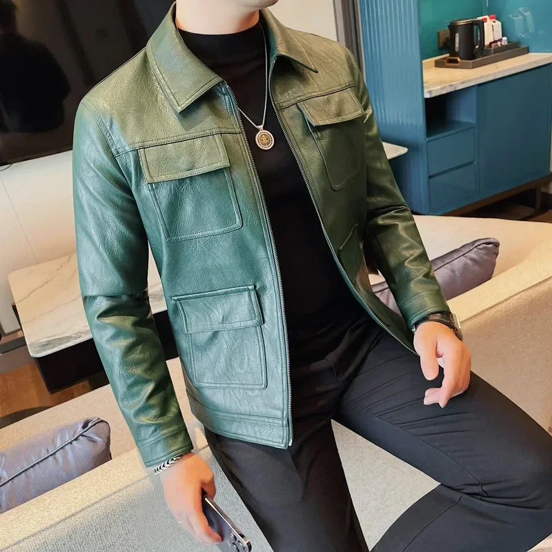 가을 겨울 오토바이 라이딩 인조 가죽 재킷 패션 멀티 포켓 디자인 PU 가죽 빈티지 비즈니스 슬림 남성 코트