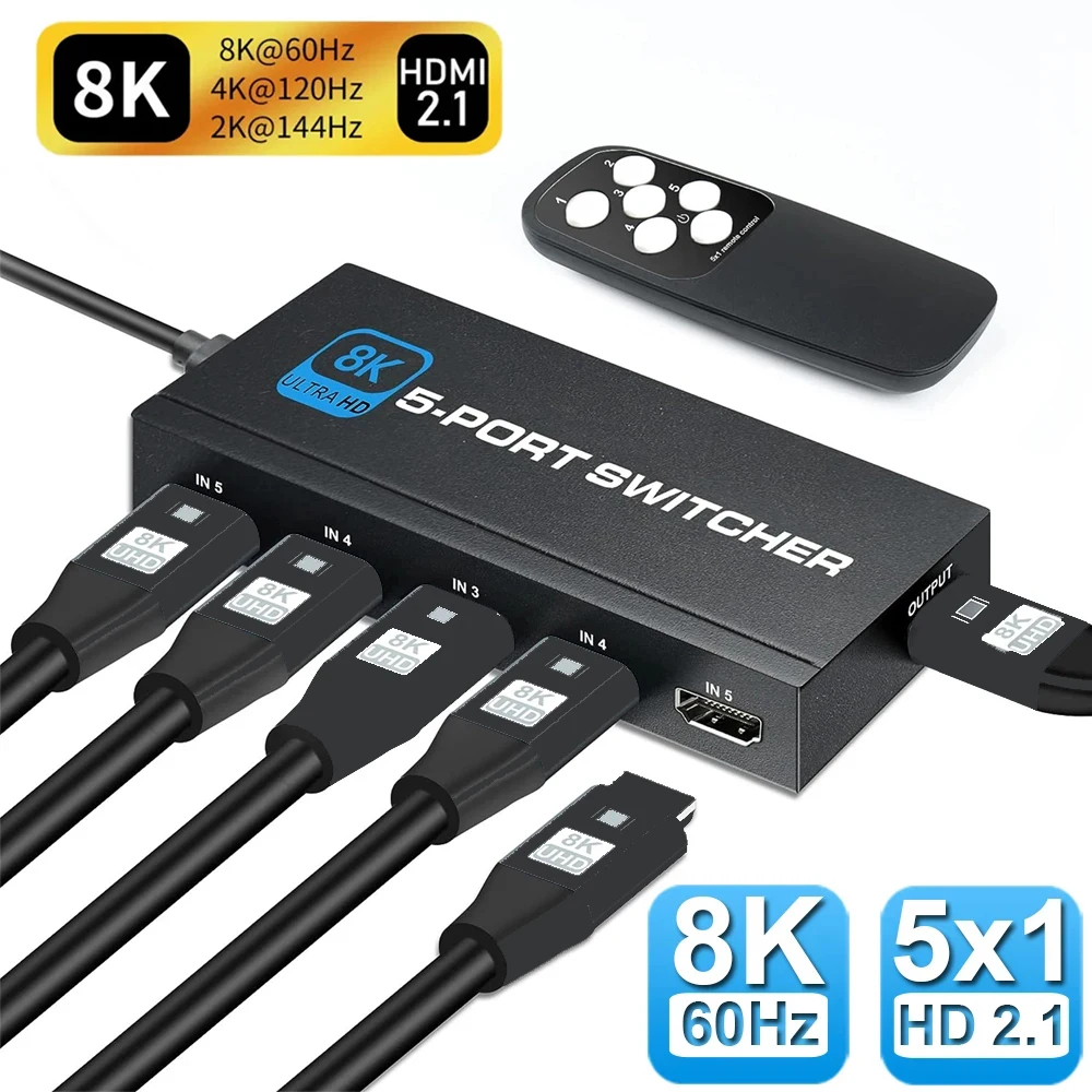 Hdmi2.1 8K Hdmi Switch 5 In 1 Out 5 Porte Hdmi Switcher Selector Supporta Switch Splitter Adapter Ir Remote Per Ps5 Ps4 Projector