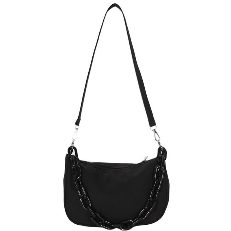 Fashion Women Small Shoulder Underarm Bag Nylon Ladies Vintage Acrylic Chain Solid Color Zipper Purse Handbag
