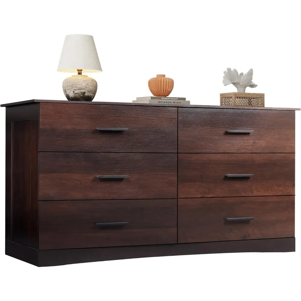 Wood Dresser for Bedroom, Wide Chest of Drawers, Large Brown Storage Tower Unit, Modern Store Organizer for Living Room, Hallway 6
