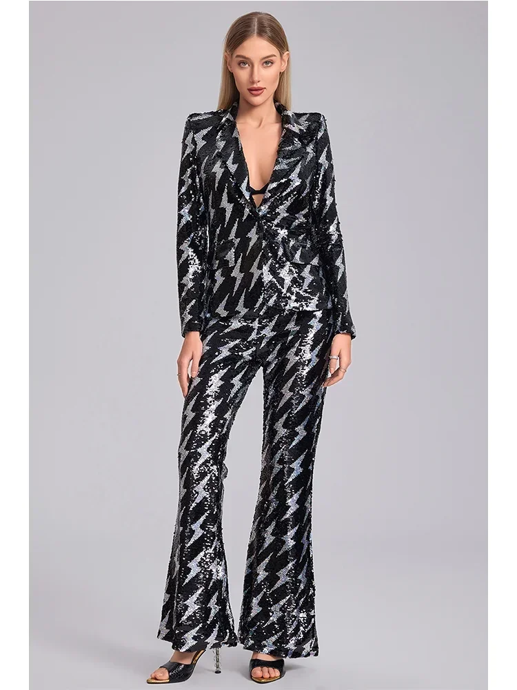 

Lightning Pattern Blazer Sequin Two Pieces Pant Set-Black Fashion Women's Matching Set Spring Office Lady Long Sleeve Outfit Set