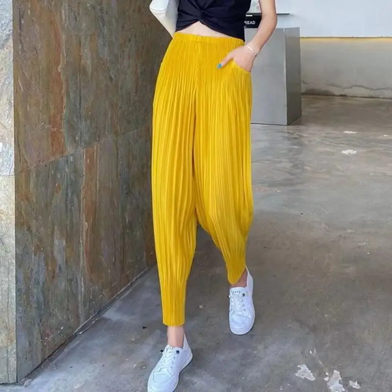 woman Women's Pants Miyake pleated casual small leg slimming look nine point harem pant summer thin versatile light tight Capris 2
