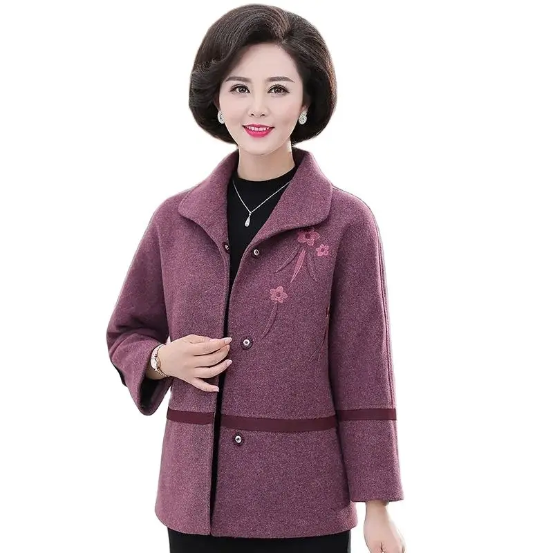 

Fashion Embroidered Woolen Coat 2024 New Women's Autumn Winter Outerwear Middle-Aged Elderly Mom Woolen Blend Jacket Tops