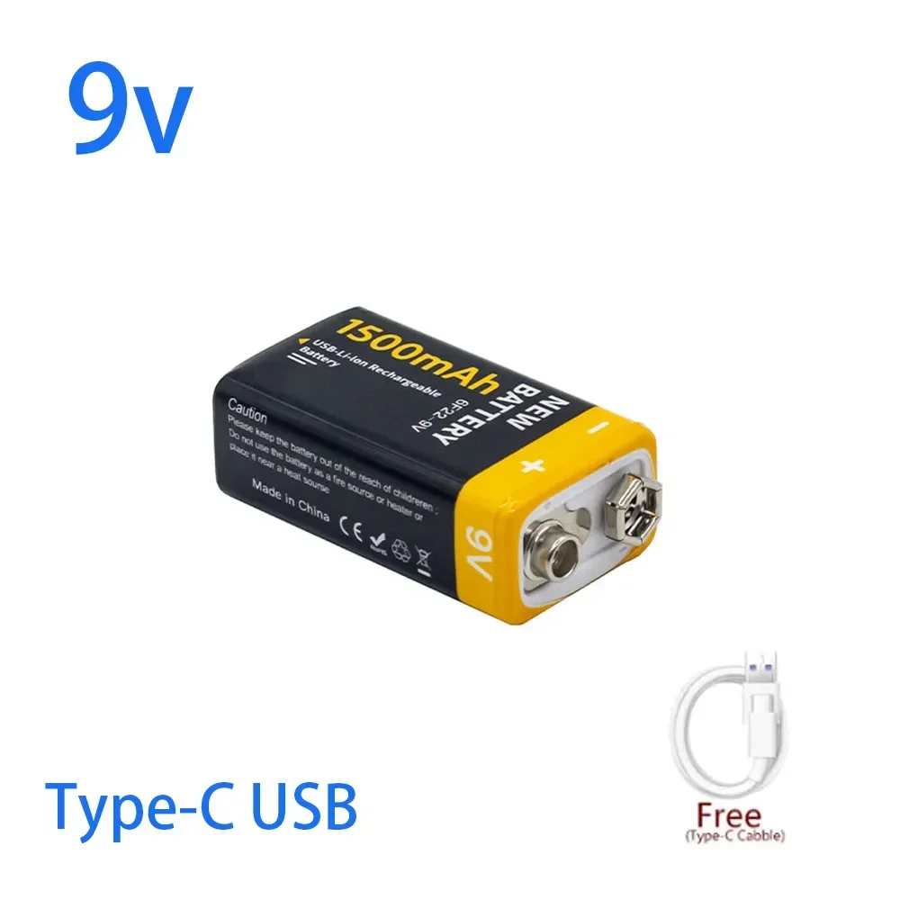 9V battery 6F22 Type-C USB 1500mAh lithium-ion rechargeable battery, for remote control helicopter toy multimeter microphone