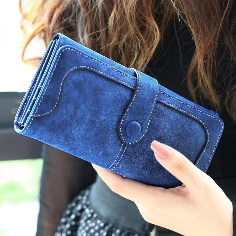 Vintage Frosted Faux Suede Long Wallet Women Matte Leather Lady Purse High Quality Female Wallets Card Holder Clutch Carteras 5