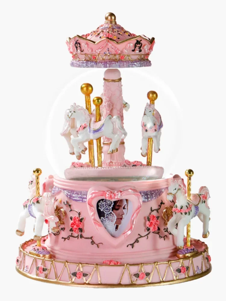 Carousel music box snow transparent white crystal ball resin material cartoon modeling Valentine's Day boys girls birthday gift