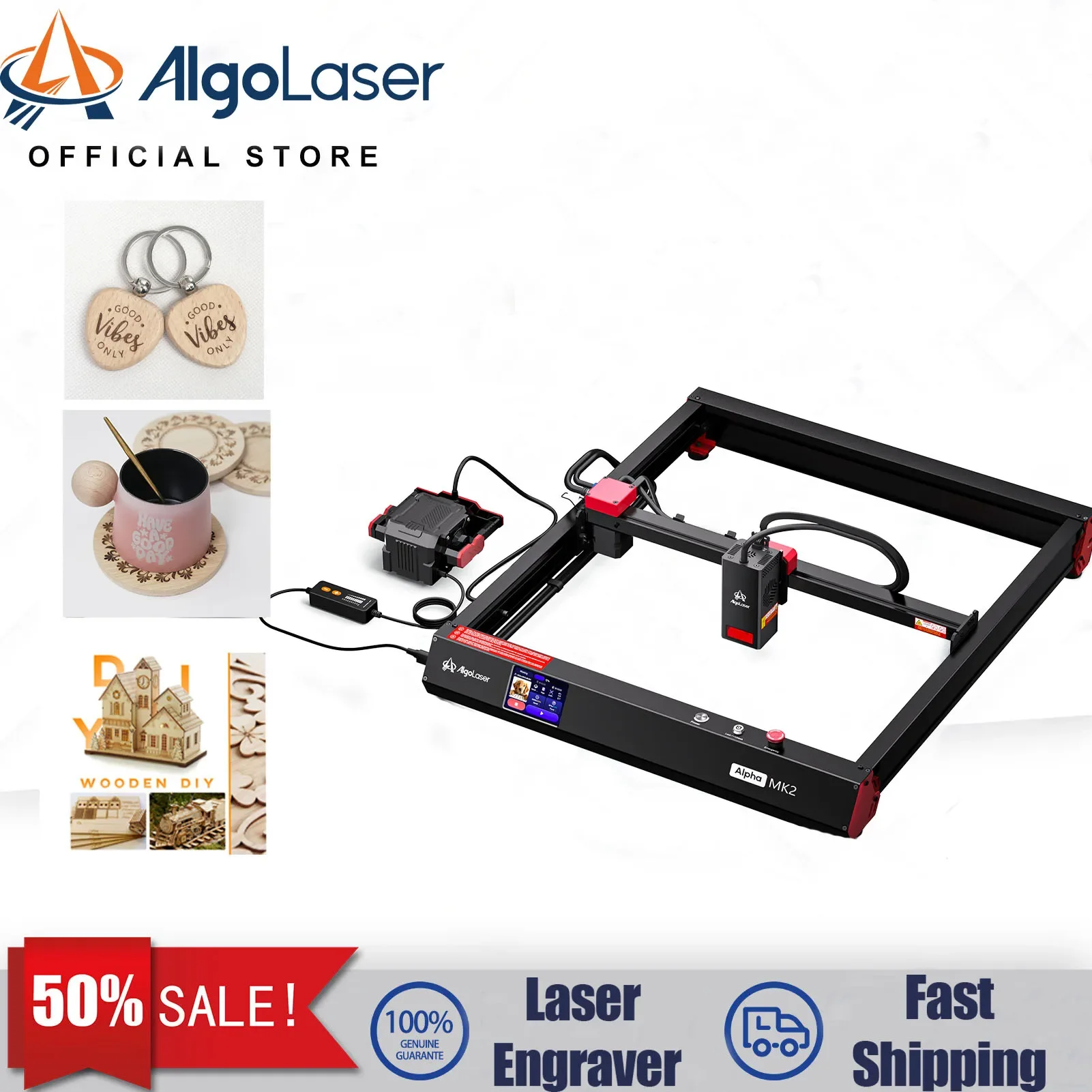 Grabador láser Algolaser Alpha MK2 20W, máquina de corte y grabado láser, herramientas con control por WIFI y aplicación para acrílico, madera, vidrio y cerámica.