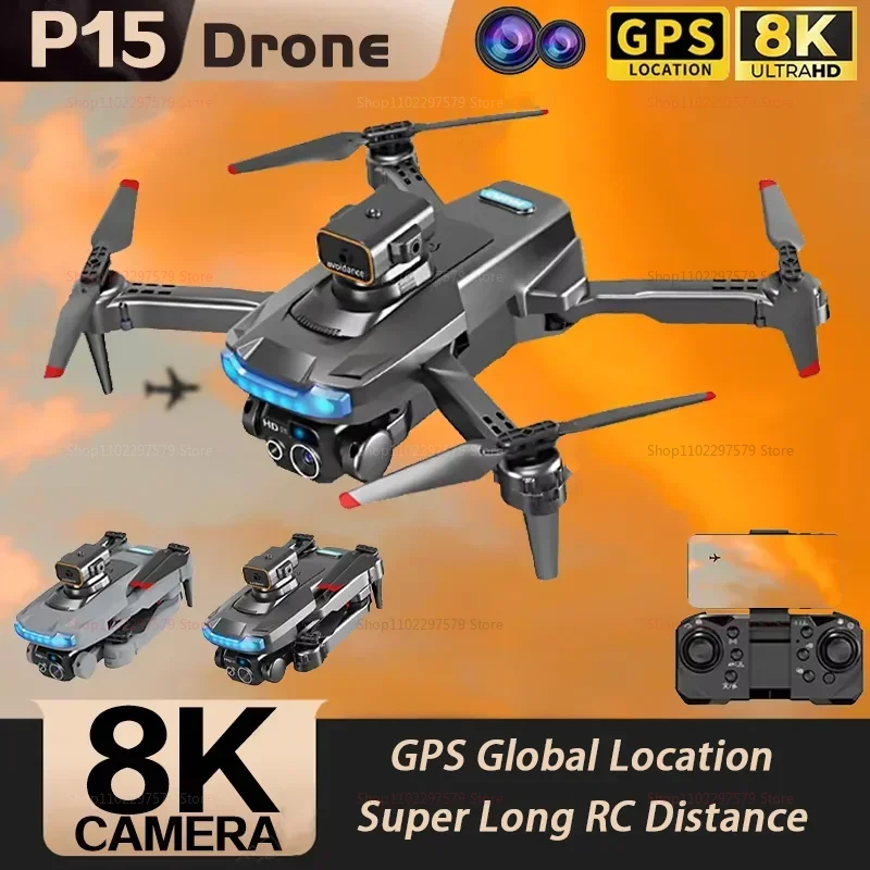 Nuovo Drone P15 GPS con Fotocamera 8K HD, Localizzazione Ottica Professionale, Evitamento Ostacoli, Pieghevole, Giocattolo per Bambini e Adulti, Idea Regalo