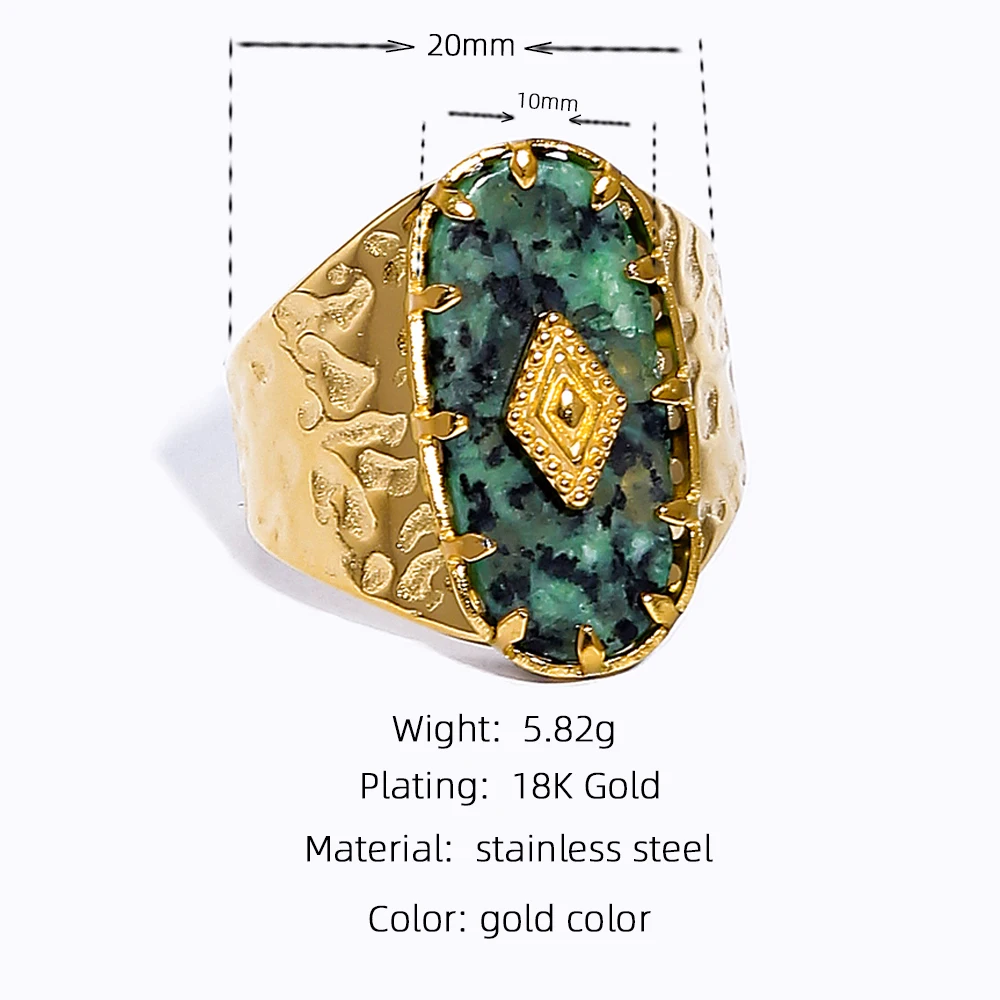 Stainless Steel Wide Rings For Women 18 K Gold Plated Tap Metal Texture Natural Stone Wide Ring Trendy Jewelry Gift womens ring finger rings jewelry rings ring jewelry