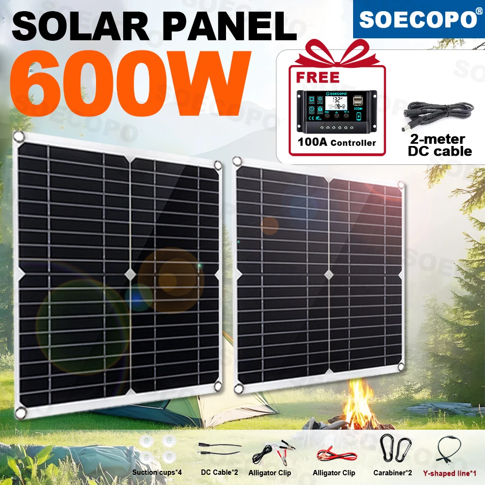 ชุดแผงโซลาร์เซลล์พกพา SOECOPO 600W พร้อมคอนโทรลเลอร์ 100A ฟรี แผงโซลาร์เซลล์ 2*300W  กระแสไฟ DC 18V  พอร์ต USB 5V สำหรับใช้ในแคมป์ปิ้งและชาร์จโทรศัพท์ 1