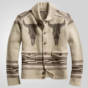 New Men's Cardigan Sweater Clothing European and American Jacquard Knitted Jacket Long Sleeve Collar Cardigan Sweater for Men