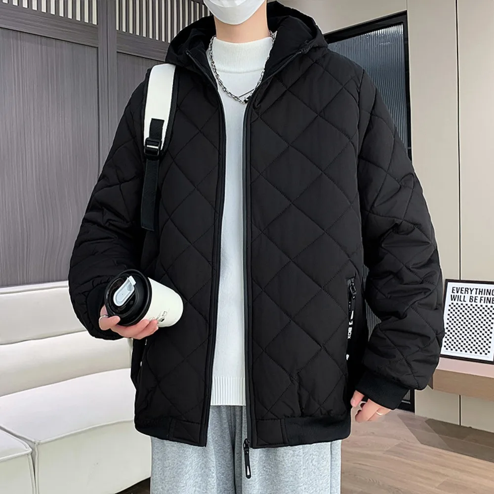 Jackets for Men Blue Hood Fall Winter Cotton Padded Jacket Fashion Clothing Rhombus Texture Casual Parkas Plus Size 5XL