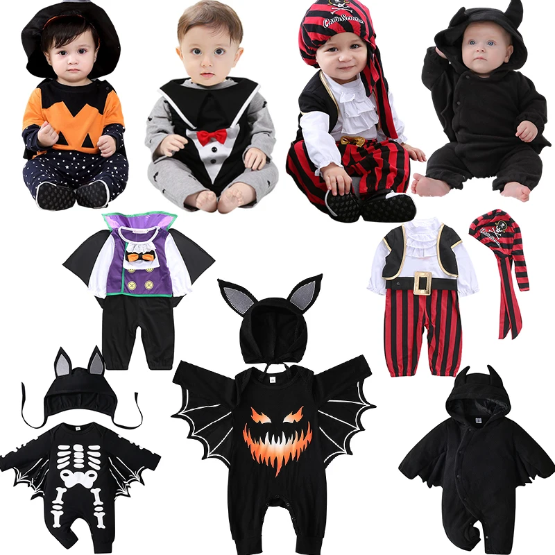 

Halloween Baby Boys Girls Captain Pirate Black Bat Costume Infant Toddler Romper Jumpsuit Pumpkin Fancy Party Bodysuit Romper