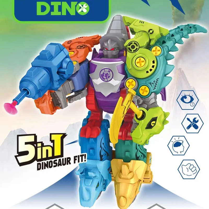 5 In 1 Kinderen Vergadering Dinosaurus Transformatie Dino Robot Constructor Schroef Diy Set Blokken Demontage Schroevendraaier Model Speelgoed