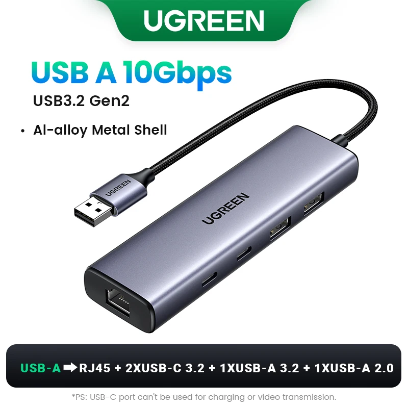 thumbnail image 1 of Adaptador Ethernet HUB USB C de 10 Gbps UGREEN HUB USB RJ45 de 1000 Mbps para computadora portátil Macbook Accesorios para WIndows Adaptador de red HUB USB 3.2, 1 of 5