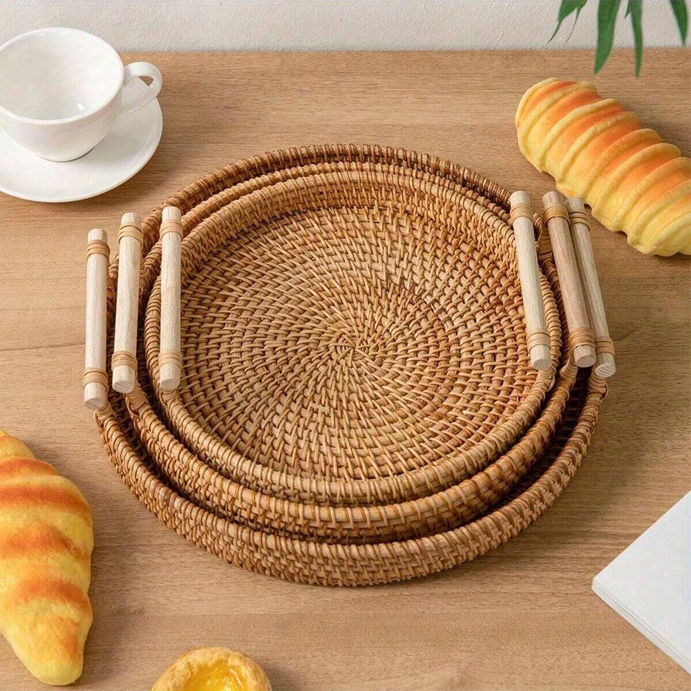 1PC Woven Rattan Storage Basket with Strap Handle round Tray for Bread Snacks Fruits Picnic - Home Organization Basket