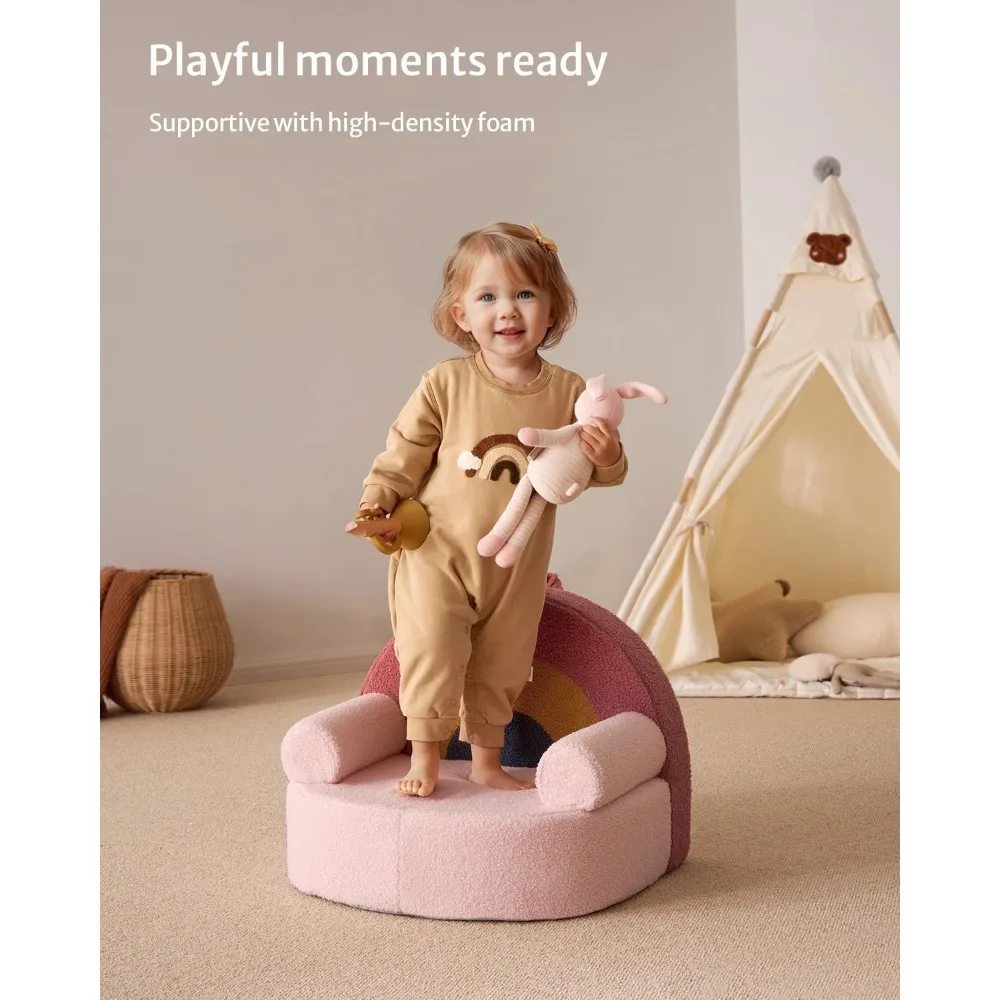 Toddler Chair Comfy, Foam Kids Chair with Soft Teddy Plush, Toddler Reading Armchair with Cute Rainbow Designs 4