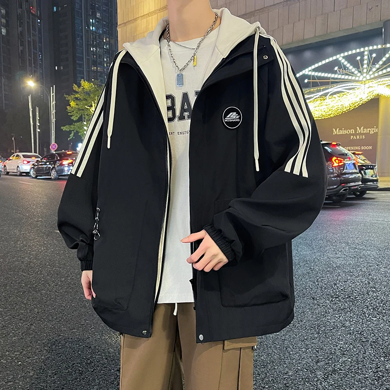 New men's loose jacket, hooded jacket, spring and autumn outdoor hiking fashion stripe casual men's top