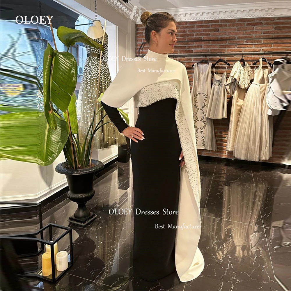 

OLOEY Classic White And Black Women Dubai Arabic Formal Evening Dresses Long Sleeves Beads Stretch Satin Prom Occasion Gowns