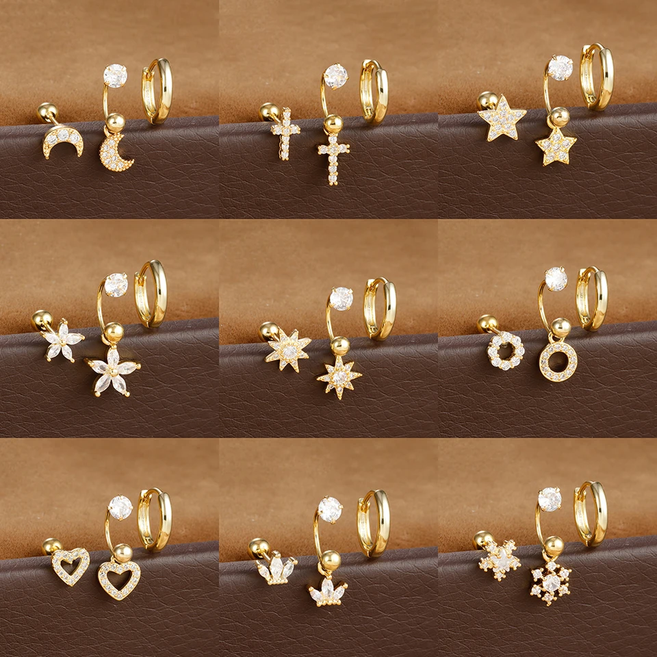 2 Paia Di Orecchini A Cerchio Huggie In Acciaio Inossidabile Per Donna - Set Con Croce, Stella, Luna E Ciondoli - Gioielli Moda Argento - 3
