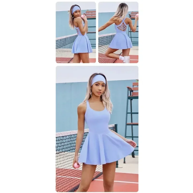 Women Tennis Dress One-Pieces Slim Fit Soft Sports Sets Golf Badminton Skorts Back Cross Tracksuits With Chest Pads Yoga Suits