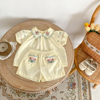 New summer baby clothing, set of 2 pieces for 0-3 year old girls with flower embroidered lapel short sleeved top and thin shorts 1