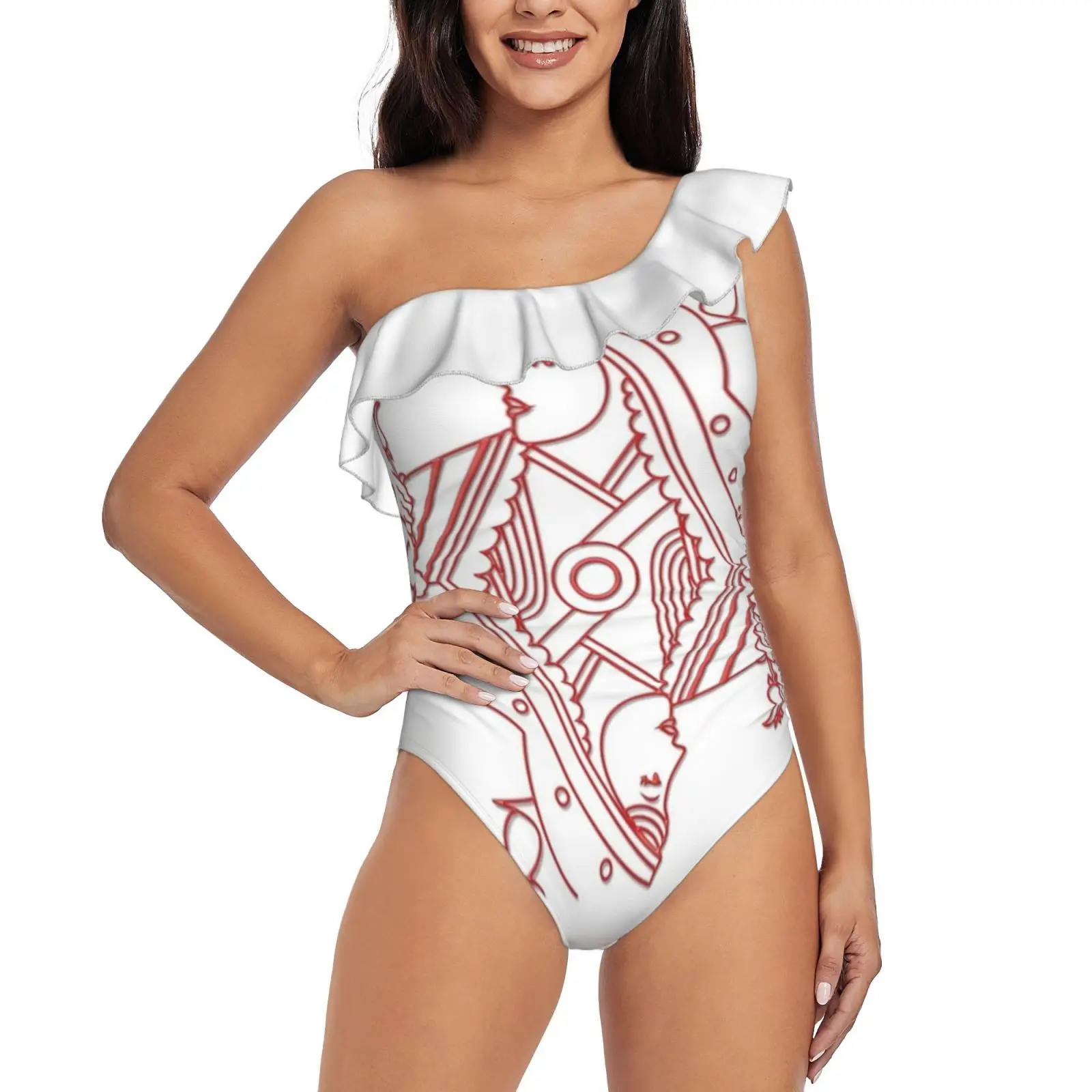 

Queen Of Hearts One Shoulder Ruffle Swimsuit One Piece Print Swimwear Women Bathing Suit Monokini Queen Of Hearts Queen Hearts