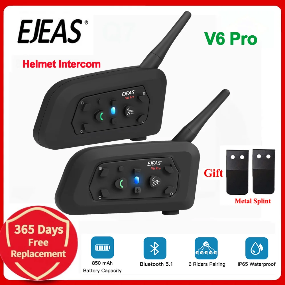 EJEAS V6 PRO Bluetooth Motorcycle Intercom Helmet Headset 6 Riders 1200m  Communicator Interphone Waterproof + Metal Splint - AliExpress