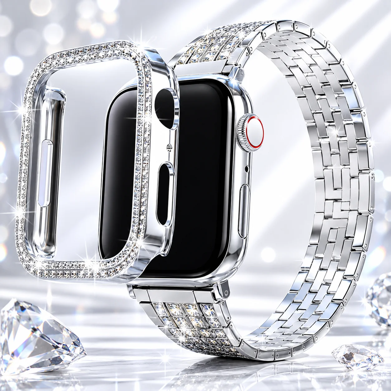 Elegant Diamond Watch Band and Glossy Case Set - Stylish Strap with Protective Cover