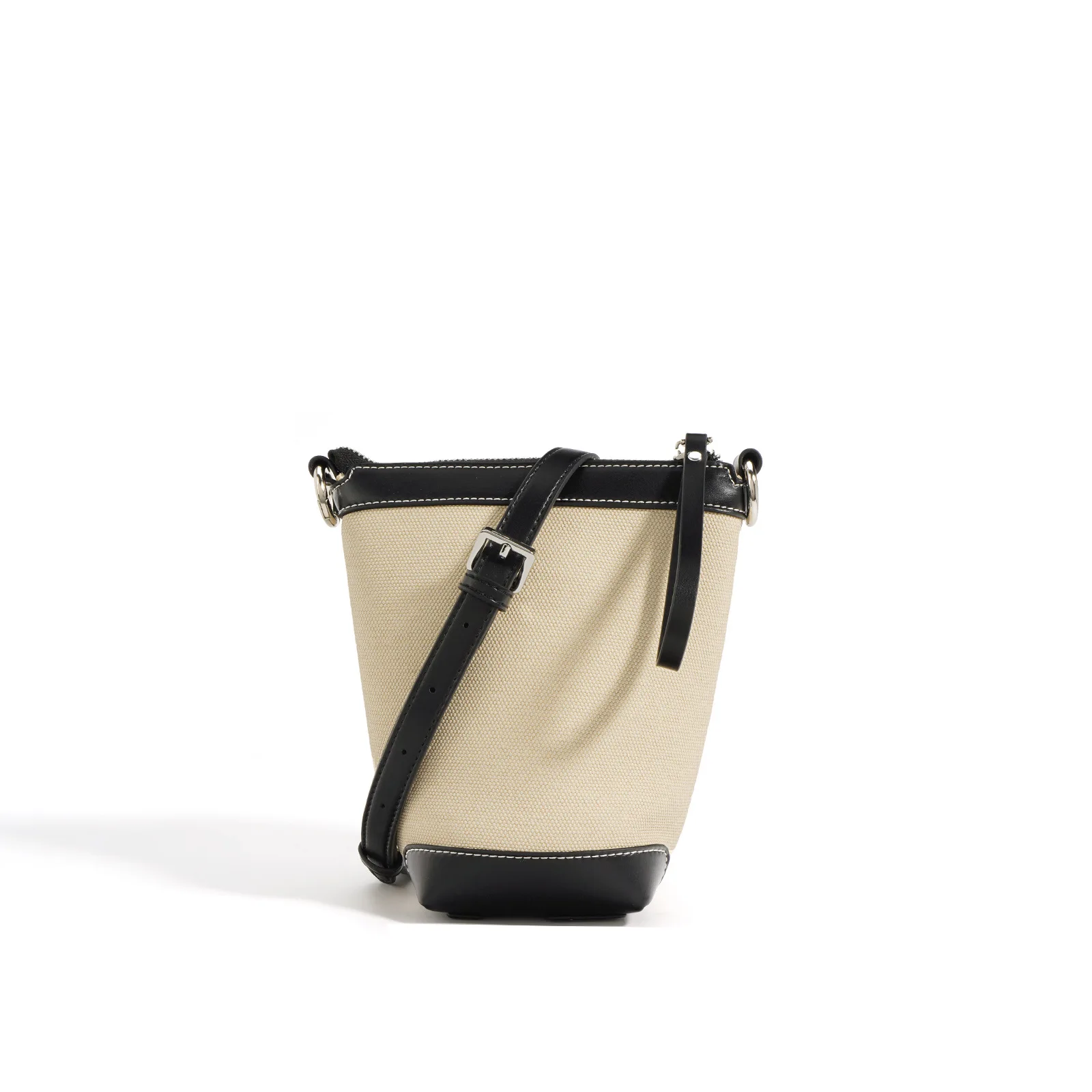 2023 Summer Canvas Bucket Bags for Women Fashionable Genuine Leather Shoulder Bag with Zipper Small Color-Block Crossbody Bag