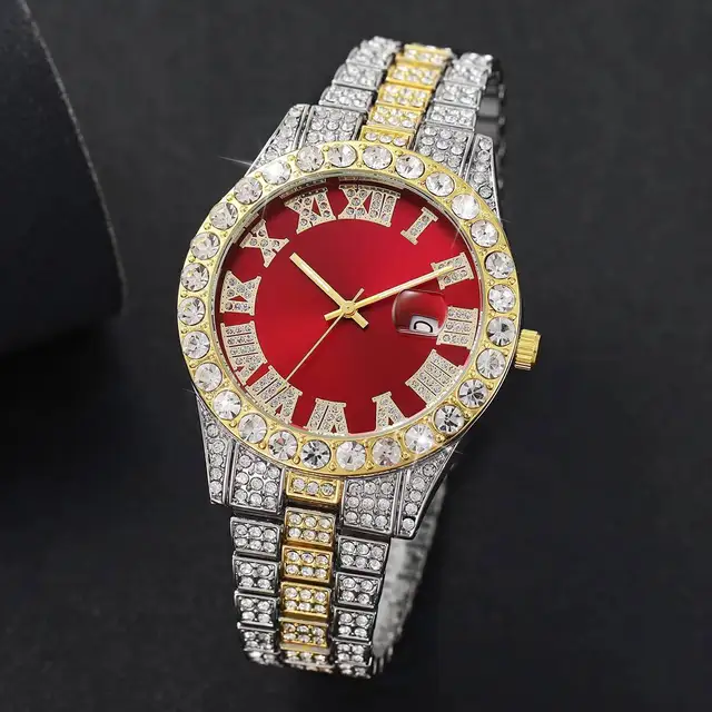 Montre à quartz entièrement en diamant pour homme, bracelet en acier inoxydable, montres-bracelets pour homme, date et calendrier, mode 5