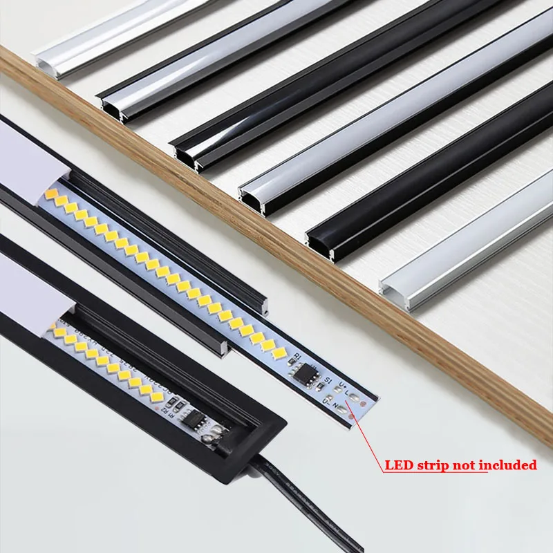 Led Light Channel Diffuser U V Aluminum Profile with Black/milky Pc Cover for Kitchen Cabinet Shelf Hard Strip Light Lighting