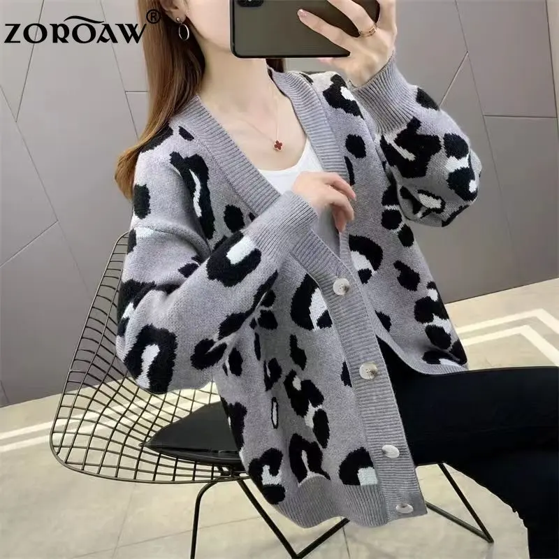 

Knitted Cardigan For Fall/winter 2022 New Leopard Print Korean Style Loose Long-sleeved V-neck Single Breasted Women Sweater