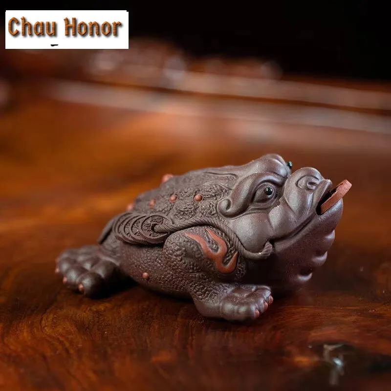 Boutique Purple Clay Tea Pet Lucky Golden Toad Statue Tea Figurine Ornaments Handmade Crafts Tea Set Decoration Accessories