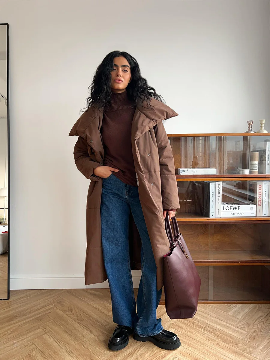 Winter Female Parkas Outwear Loose Lace-Up High Waist Long Sleeve Pocket Lapel Bandage Coat For Women Solid Parkas