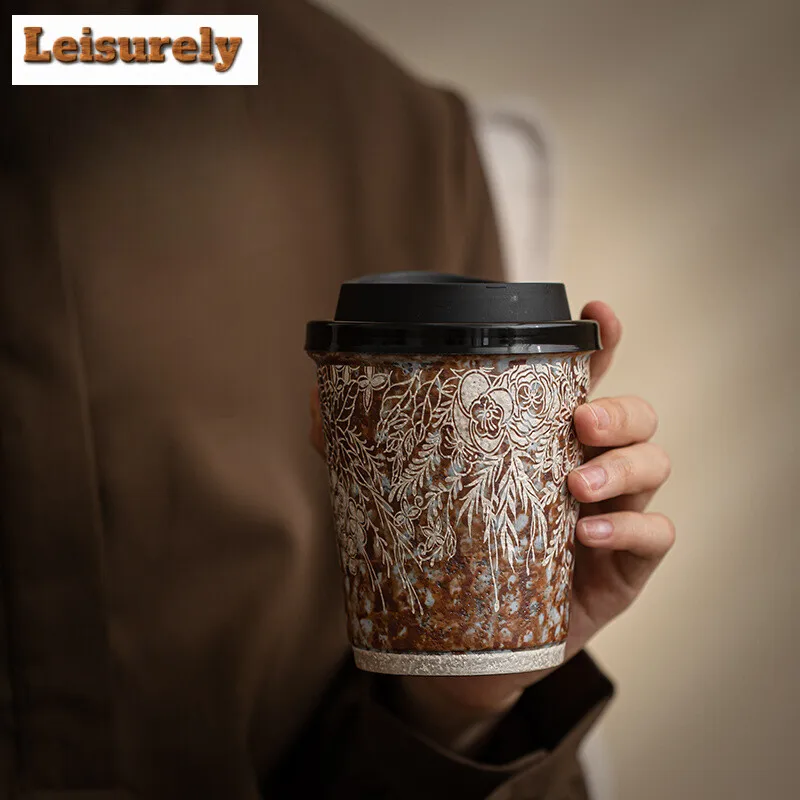 330ml Retro Old Rock Mud Coffee Mug Flower Gilded Silver Office Water Cup Large Coarse .water Coke Mug Couple Handgrip Cup Gifts